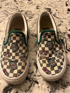 Vans Checkerboard Sugar Skull Slip-On Sneakers - White, Black, Green Accents